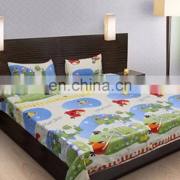 Beige & Green Cartoon Double Bedsheet With 2 Pillow Covers