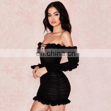 Hot Sale Fashion New Mesh Deep V Hollow-out Lace-up Yarn Flounced Long Sleeve Dress photo-3
