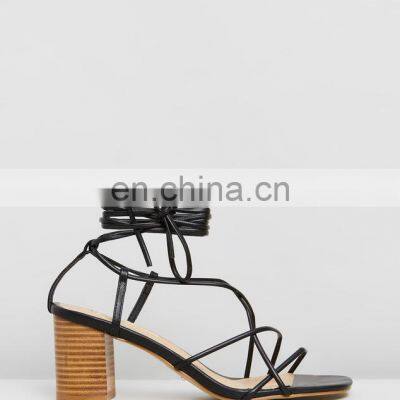 Multi strap lace up high block heel women shoes black color ankle strap ladies sandals