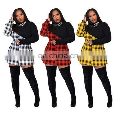 Knitted casual dress patchwork long-sleeved plaid ladies sexy hollow midi skirt street clothes