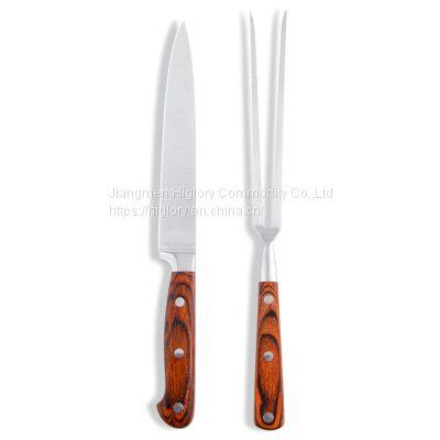 Hot sale 2pcs BBQ kitchen stainless steel carving meat knife and fork set