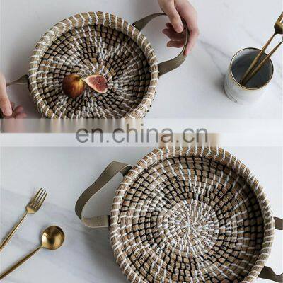 Set Of 3 Round Seagrass Serving Tray With Carrying Handle Mixed Plastic String Vietnam Supplier photo-5