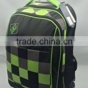 20" Fahion Style Rolling Backpack Green Check Trolley Bag Travel Wheeling Luggage