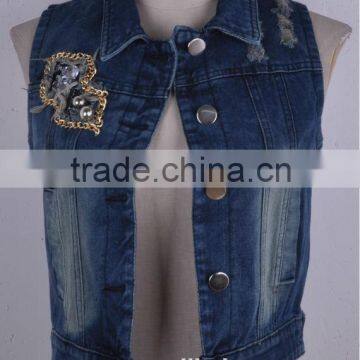 2015 new arrival fashion high quality lady cowboy jean jacket wholesale,sleeveless denim jacket China supplier