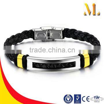 NSSL083 Black Genuine Leather gold and hollow out beads Stainless Steel Bracelet