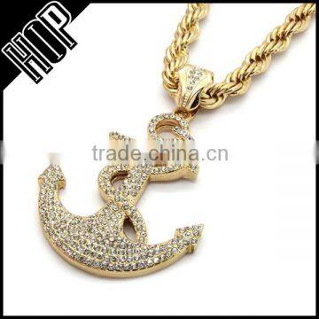 Hip Hop Mens Gold Tone Iced Out Boat Anchor Necklace