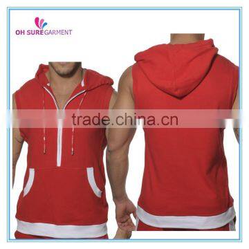 cotton zipper-up mens sleeveless hoodie