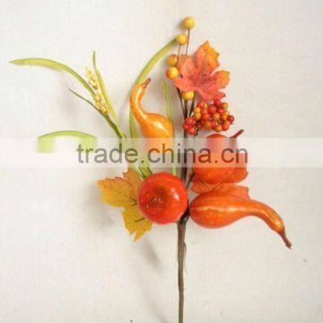2014 New Style Artificial Flower 25cm Artificial Fall Pumkin Pick With Maple Leaf