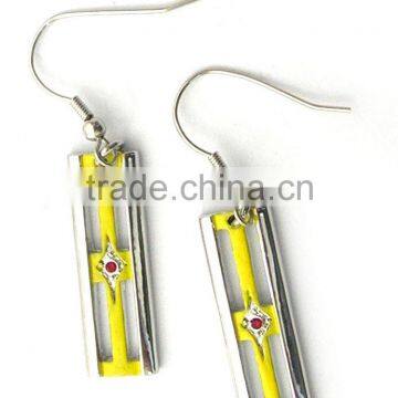 Fashion metal silver cross pendant earrings ,decorated with yellow enamel ,Customized Colors or LOGO and OEM design accept