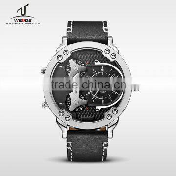 WEIDE Three Time Zones Quartz Stainless Steel Watch Water Resistant Watch Genuine Leather Watch Strap Military Business Men's W