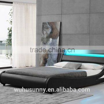 Stunning Curve Shape Black Leather Bed With LED Headboard