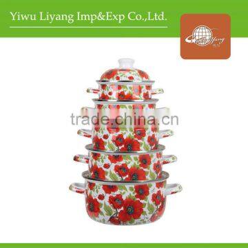 Customized Design Cookware Set Kitchenware Full Red Flower Decal 5pcs Enamel Pot Set