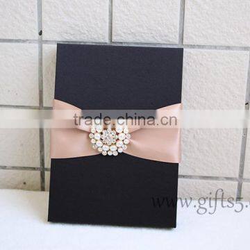 Black Color Silk Wedding Invitation Box With Crown Brooch Embellishment photo-2
