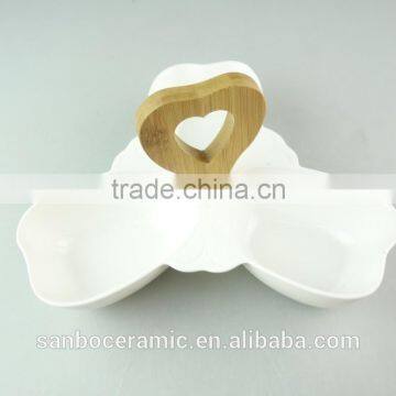 White Ceramic Porcelain Snack Serving Plate With Wooden Handle 3 Section photo-2
