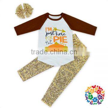 2016 Boutique Girls Mustard Pie Remake Printed Raglan Shirt And Gold Sequin Pants Fall Outfits With Match Sequin Bow Headband