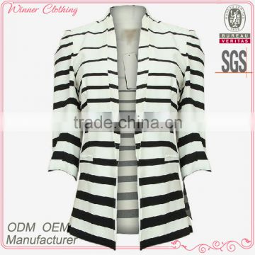 Ladies top fashion white and black striped blazer 2015 for autumn