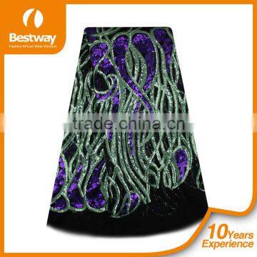 Bestwaytex FL0049 In Royal Blue Color French Cord Lace Silk Chiffon Fabric With Shiny Sequins photo-2