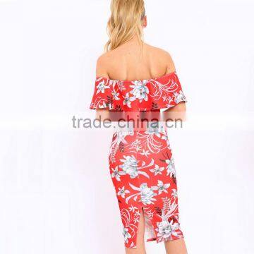 Best Sell Women Clothing off the Shoulder Floral Bodycon Midi Dresses photo-3