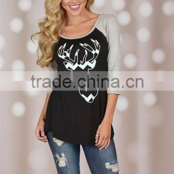 European and American Style Women's Christmas Theme Raglan 3/4 Sleeve Curved/rounded Hem t Shirt photo-6