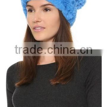 YR297 Wholesale Price Fashion Knitted Rex Rabbit Fur Hat with Pom pom