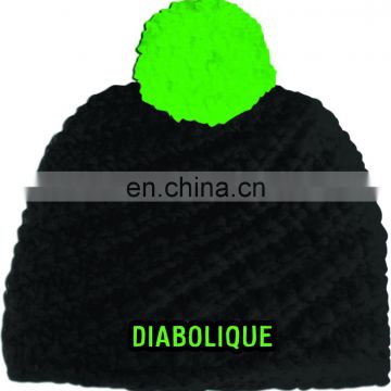 Winter warm embroidery hand made knitted beanie with green pompom Christmas beanie hat