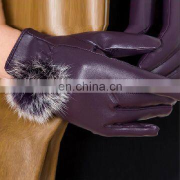 Luxury real leather gloves with cute rabbit fur pom pom