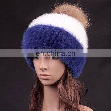 Manufactor wholesale thick mink fur weaven hat with large fox fur ball