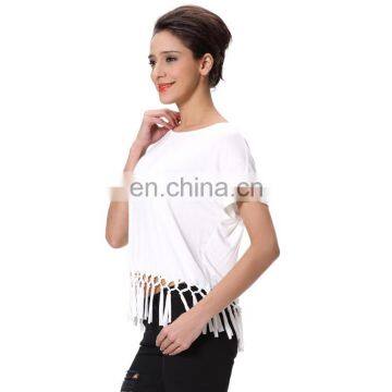 Tassel Design Short Sleeve Women Fashion Garment White Tops photo-5