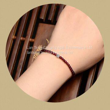 Original Handmade Female Wine Red Garnet Single Ring 3mm Fine Beads Bracelet Sterling Silver Jewelry Sweet photo-3