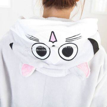 Chi's Sweet Cat Cartoon Flannel Conjoined Polyester Couple Pajamas photo-3