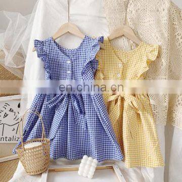 Summer 2020 girls fashion ruffles sleeve princess dresses kids bow plaid dress