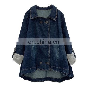 TWOTWINSTYLE Korean Patchwork Hit Color Women's Denim Jacket Lapel Collar Long Sleeve Oversize Asymmetric