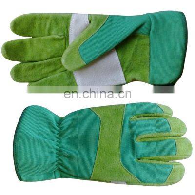 Green Cotton Back Green Split Pigskin Leather Garden Work Safety Gloves