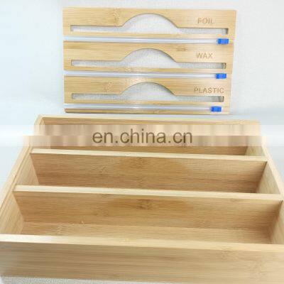 Household Kitchen Supplies Bamboo Plastic Wrap and Tinfoil Cutting Box with Rotary Cutting Knife Plastic Packaging Dispenser