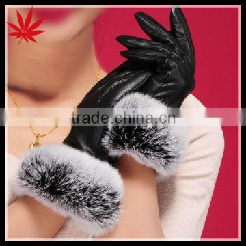 women's leather gloves rabbit Fur mouth touch screen more warm and velvet glove women fall and winter