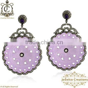 925 Sterling Silver Diamond Earrings, Amethyst Gemstone Carving Earrings, Pave Fashion Jewelry, Carving Jewelry Manufacturer