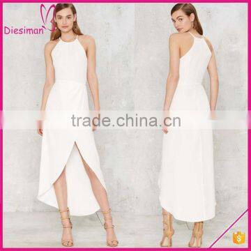 New Fashion faux wrap asymmetrical pleating white maxi dress women 2016