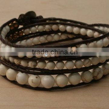 White Howlite Triple Wrap Leather Beaded Bracelet. Semiprecious beads. Hammered Copper button