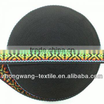 Multi colored polylester jacquard webbing with black background