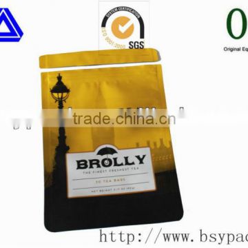 printed yellow color 90g black tea/coffee tea laser easy tear stand up zipper rounded corner bags