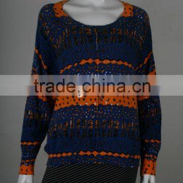 Womens' Scoop Neck Long Sleeve Pullover Knitted Sweater With All-over Print