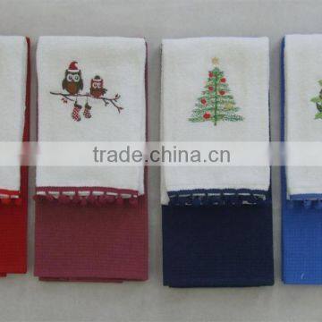 1pc embroidery velour towel with decoration border and 1 pc waffle solid color tea towel