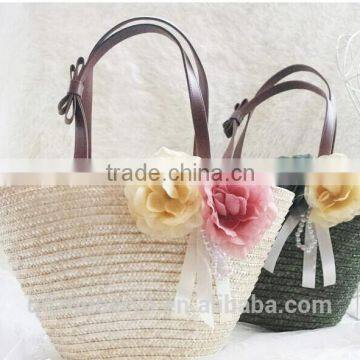 4 Color Wheat Straw Women Tote Beach Bag With Round Handle Big Size Bag and Flower Decoration