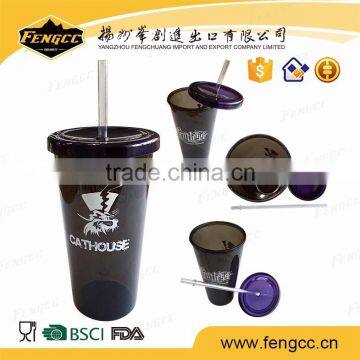 Eco-Friendly 16oz double layer Creative hard plastic cup with lid and straw