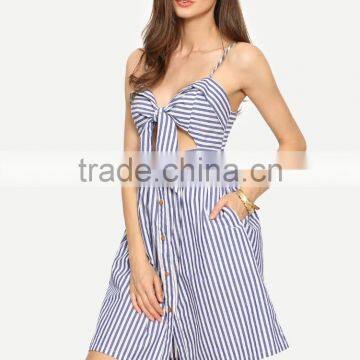 Blue Stripe Sleeveless Bow Dress 2017 Fashion Smart Lady Casual Dress photo-2