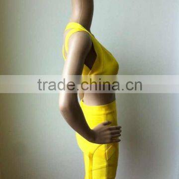 Top Quality Yellow 2 Piece Above Knee Mini Bandage Dress Night Club Party Slim Dress photo-4