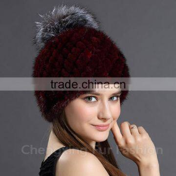 CX-C-206B Fox Fur Ball Mink Fur Knitted Winter Pompom Hat
