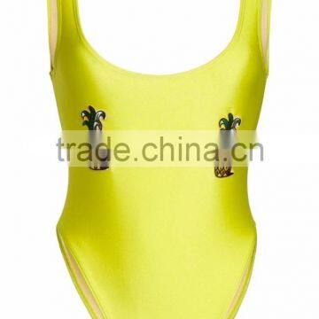 Classic Pineapple Printed Neon One Piece Swimsuit High Cut Legs Lined Without Bra Bodysuit Scooped Neck Low Cut Back Custom photo-6