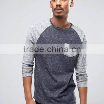 Contrast Raglan Long Sleeve Baseball T Shirt Soft 100% Cotton Plain Men's Pocket T Shirt Fashion Baseball Top