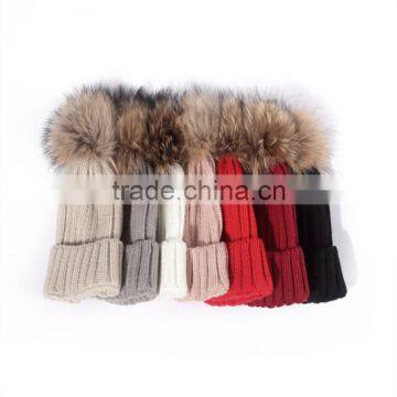 Womens Girls Winter Fur Hat Real Large Raccoon Fur Pom Pom Beanie Winter Hats